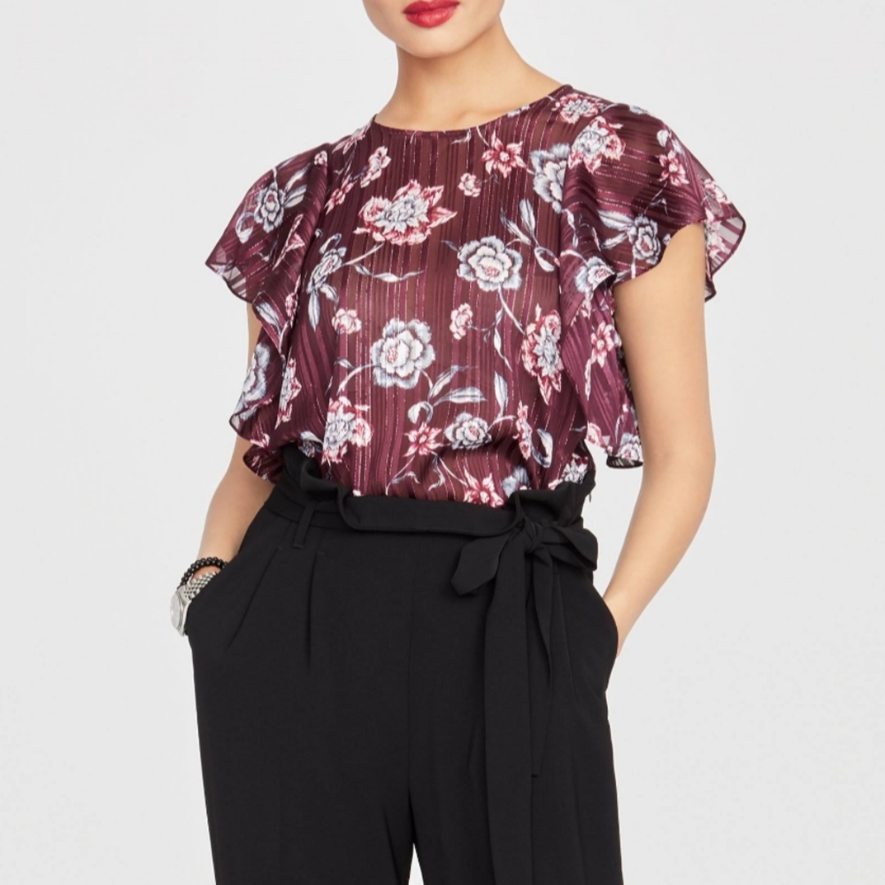 BOGO SALE! RACHEL RACHEL ROY Flutter Cap Sleeve Sheer Floral Blouse, Sz L